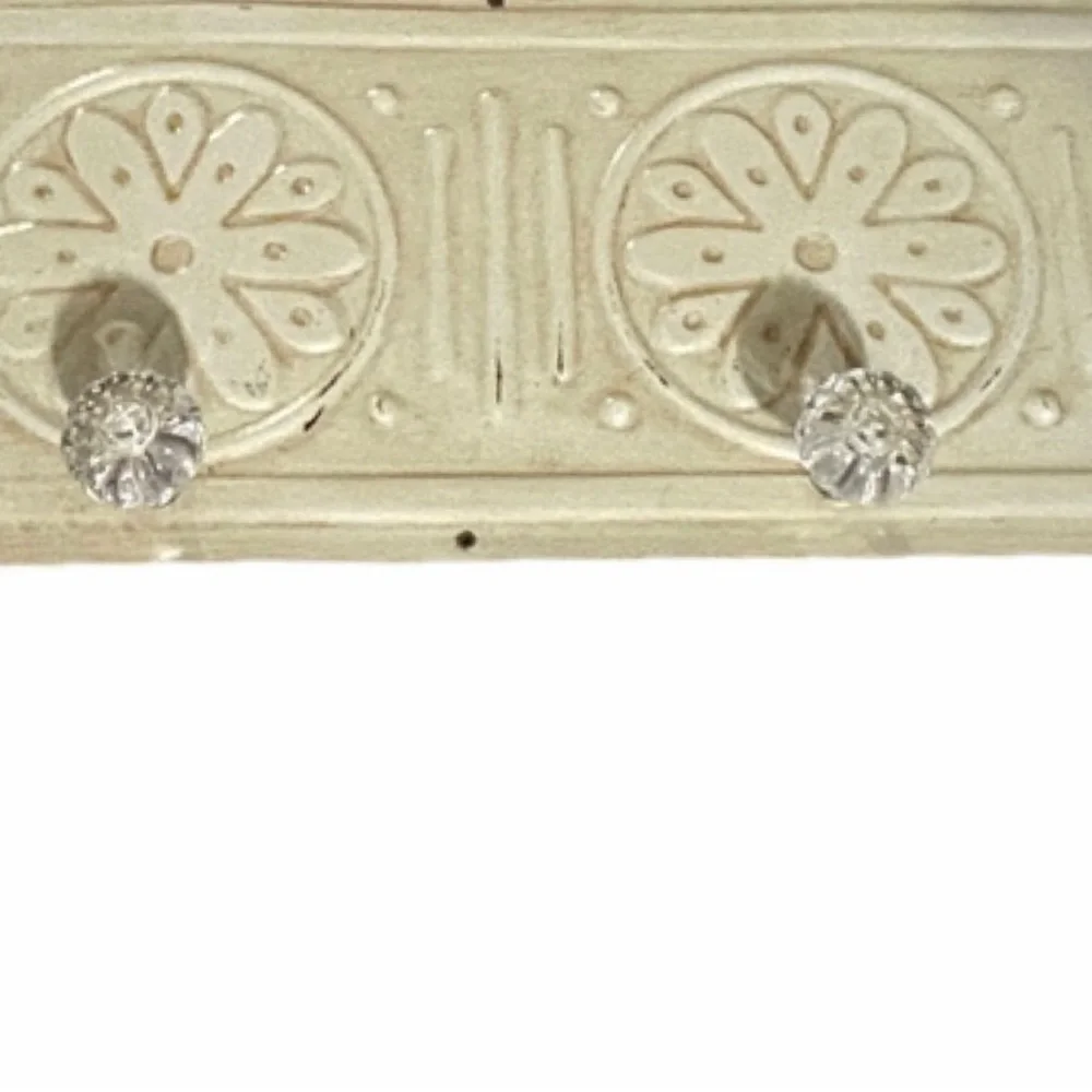 Vintage Style Embossed Antique White Metal Wall Rack Glass Knob Hangers. 24”